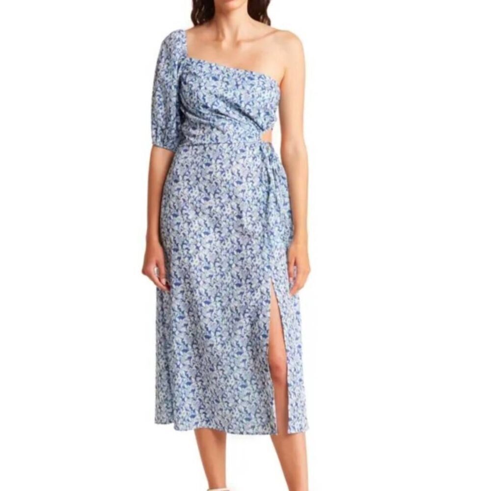 Lush Blue white floral one puff sleeve cutout ruched waist midi dress womens S
